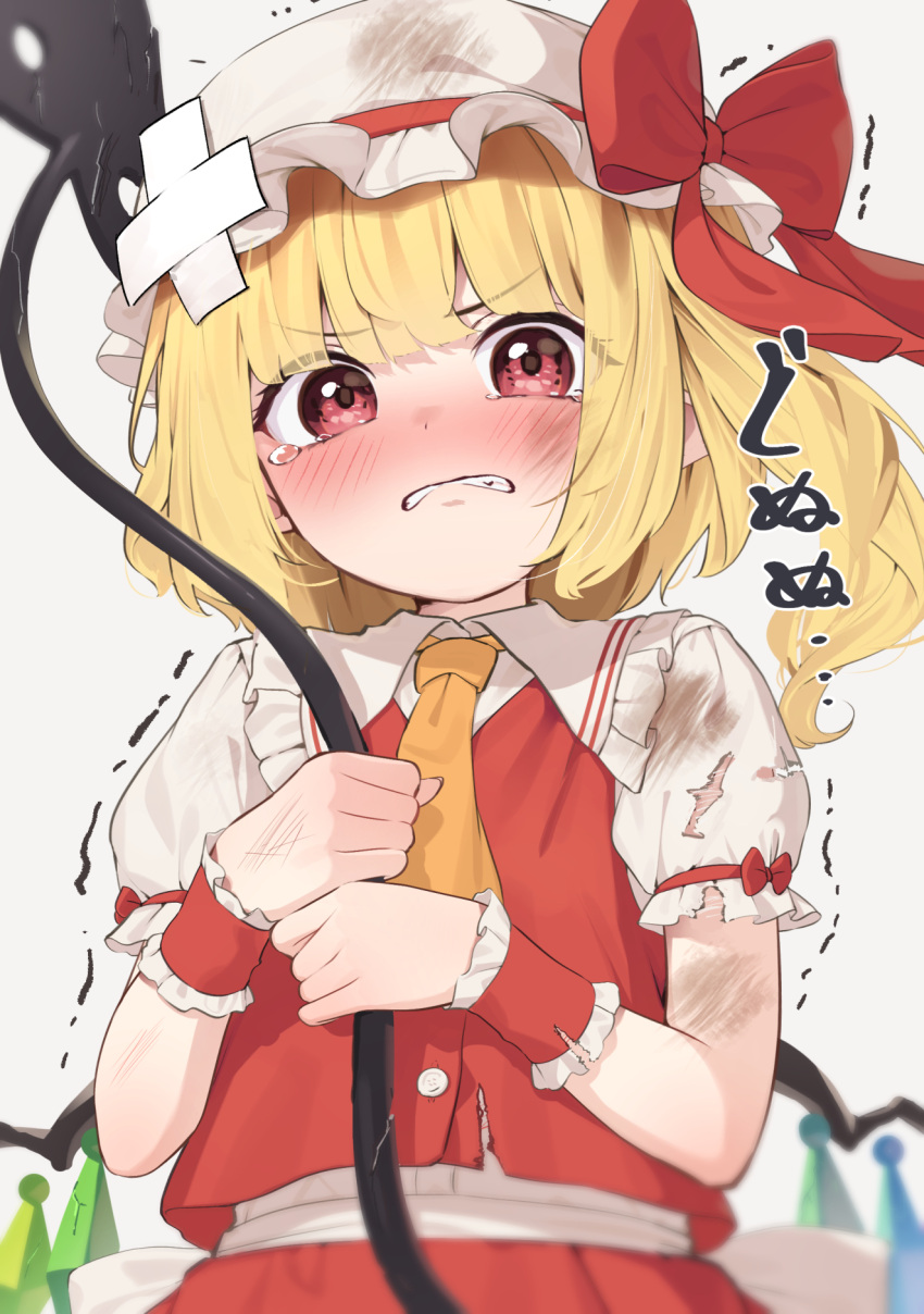 1girl, ascot, bandaid, bandaid_on_head, blonde_hair, blunt_bangs, blush, bow