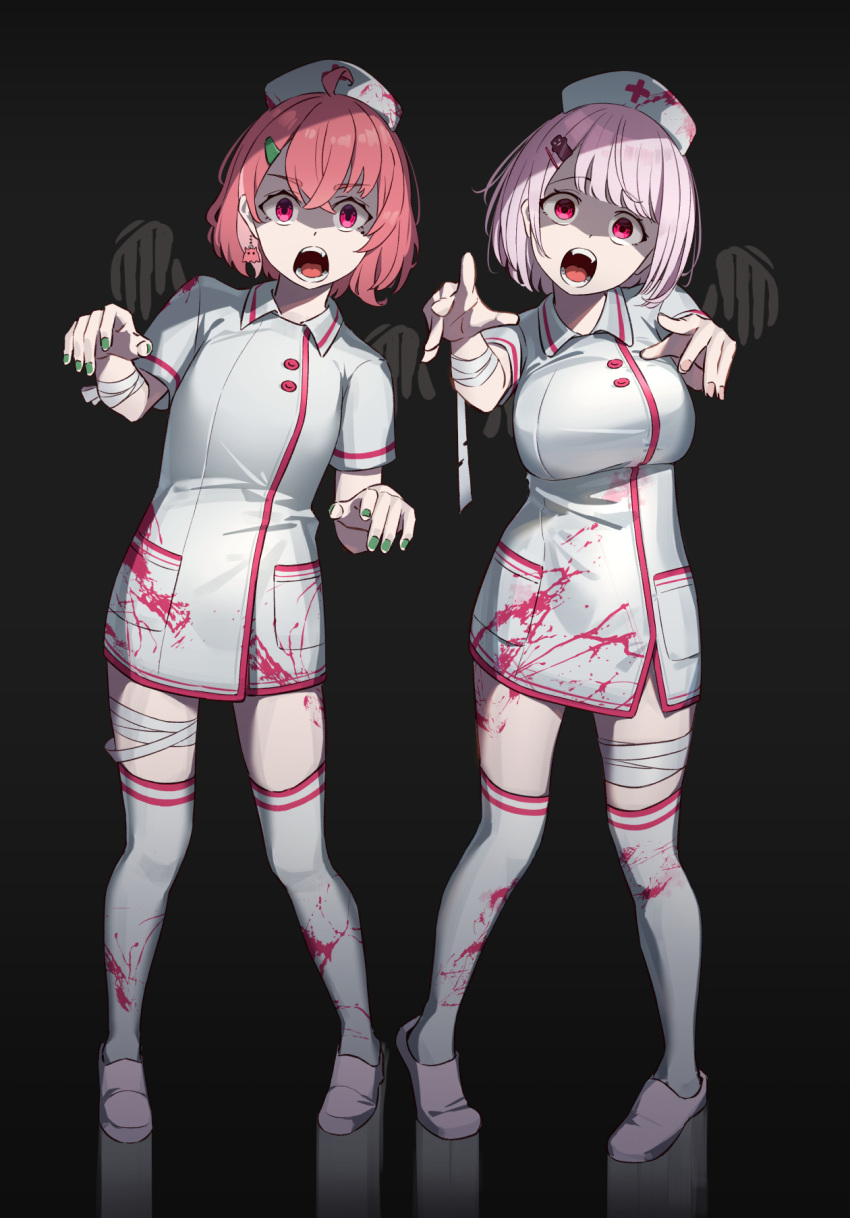 2girls, ahoge, bandaged_arm, bandaged_leg, bandages, black_background, blood, blood_on_clothes