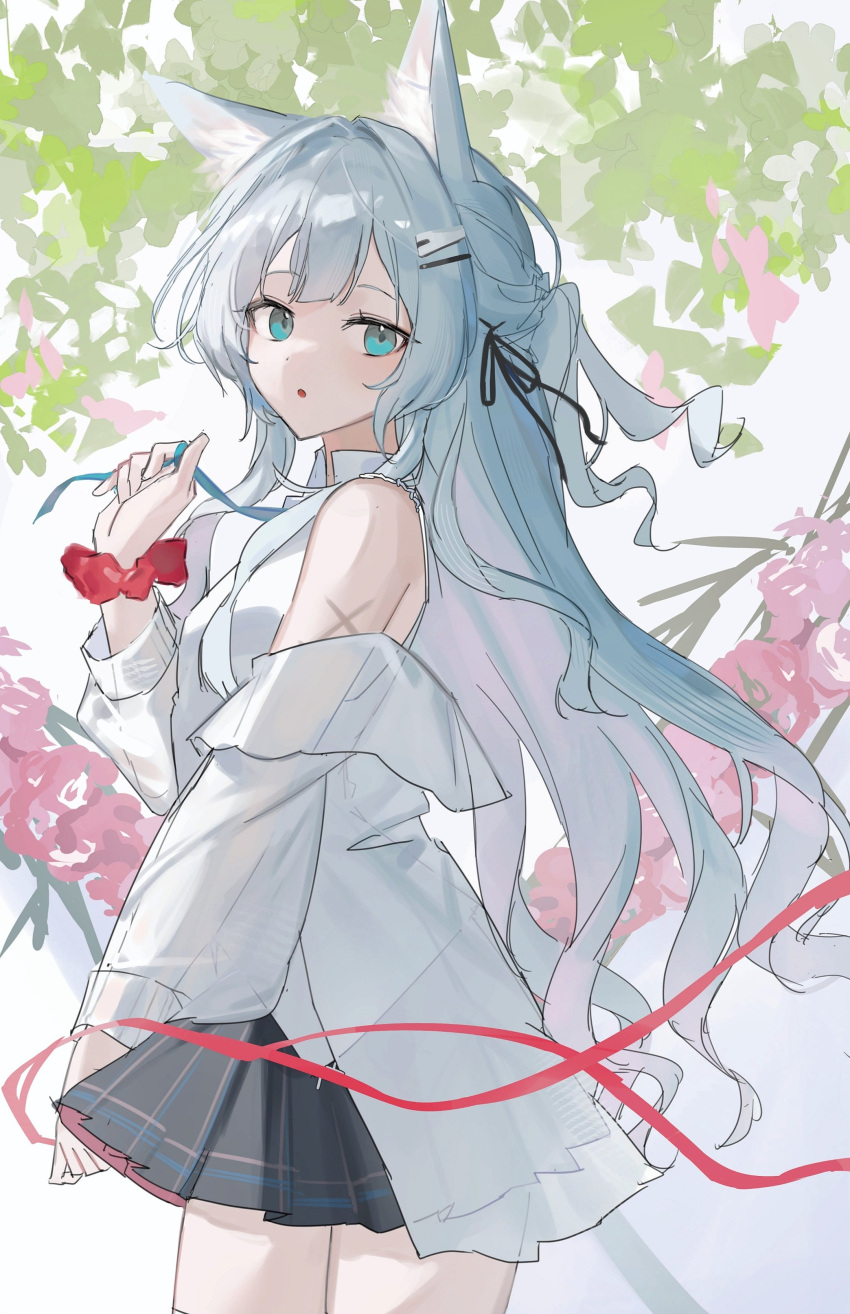 1girl, 2naom8q6gt87292, absurdres, animal_ears, arknights, black_skirt, cat_ears, hair_ornament, hairclip, highres, holding, holding_ribbon, long_hair, looking_at_viewer, official_alternate_costume, ribbon, rosmontis_(arknights), skirt, solo
