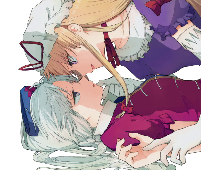 2girls, blonde_hair, blue_dress, blue_eyes, blue_hat, bow, commentary_request, dress