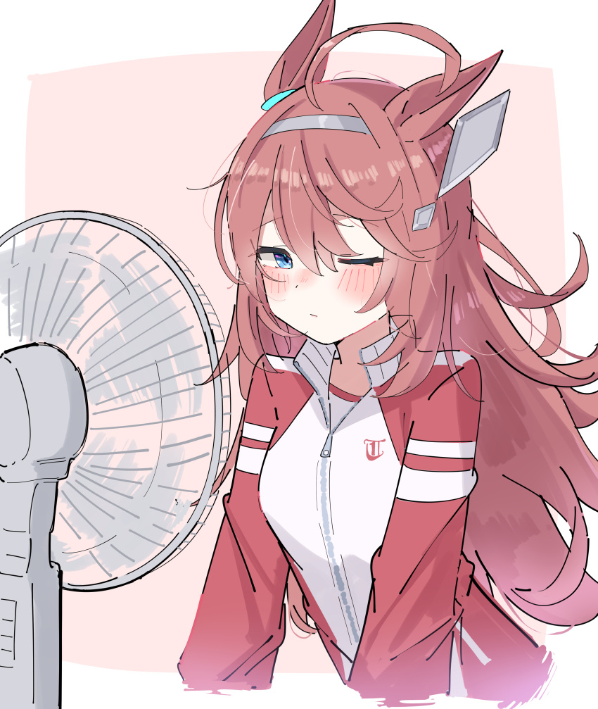 1girl, absurdres, ahoge, animal_ears, blue_eyes, blush, border, brown_hair, electric_fan, grey_hairband, hair_between_eyes, hair_ornament, hairband, highres, horse_ears, horse_girl, jacket, long_hair, mihono_bourbon_(umamusume), one_eye_closed, pink_background, ponzu_purin, red_jacket, simple_background, solo, tracen_training_uniform, track_jacket, umamusume, white_border
