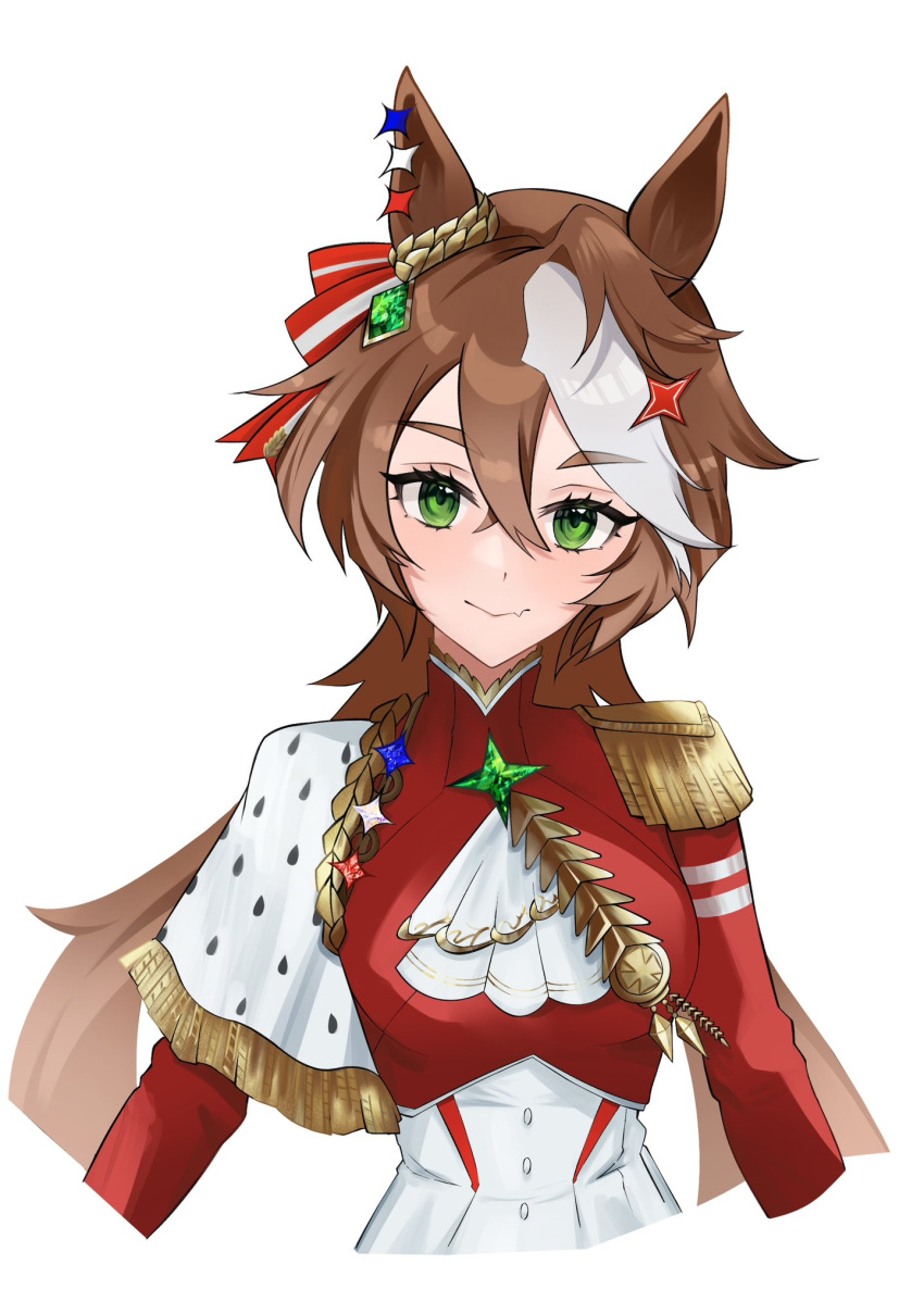 1girl, animal_ears, brown_hair, ear_ornament, epaulettes, fang, genderswap, genderswap_(mtf)
