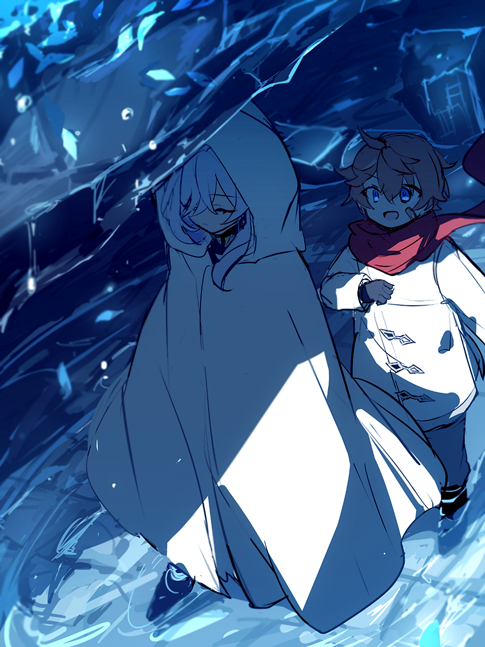 1boy, 1girl, :d, age_difference, aged_down, ahoge, arm_out_of_frame, bandaid