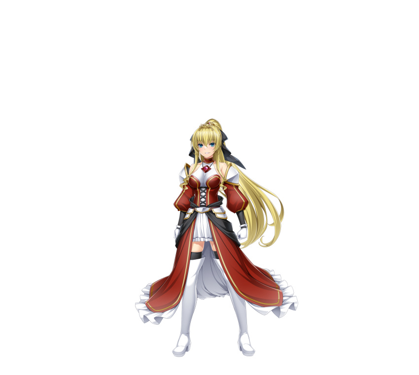 1girl, armor, bare_shoulders, black_bow, black_ribbon, blonde_hair, blue_eyes, boots