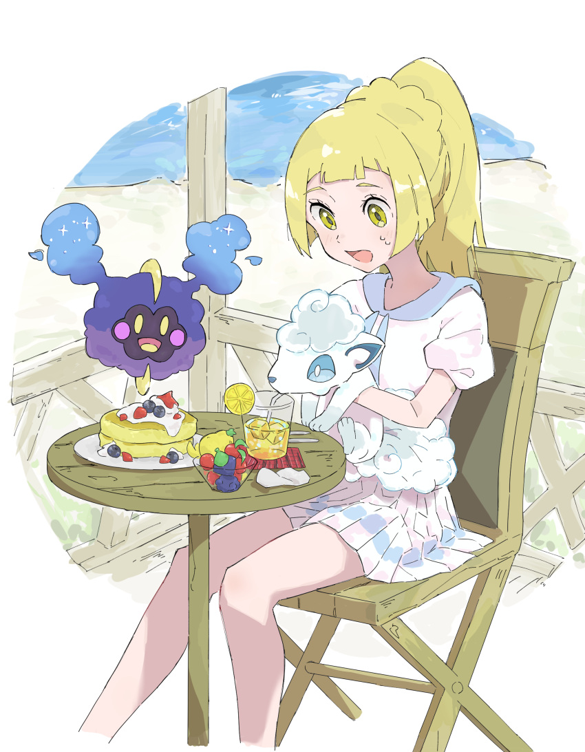 1girl, absurdres, blonde_hair, chair, commentary_request, cosmog, cup, day, drinking_straw, eyelashes, food, green_eyes, highres, holding, holding_pokemon, lillie_(pokemon), long_hair, looking_down, open_mouth, plate, pleated_skirt, pokemon, pokemon_(anime), pokemon_(creature), pokemon_sm_(anime), pokeseru, ponytail, shirt, short_sleeves, sitting, skirt, sliced_fruit, sweat, table, tongue, white_shirt, white_skirt