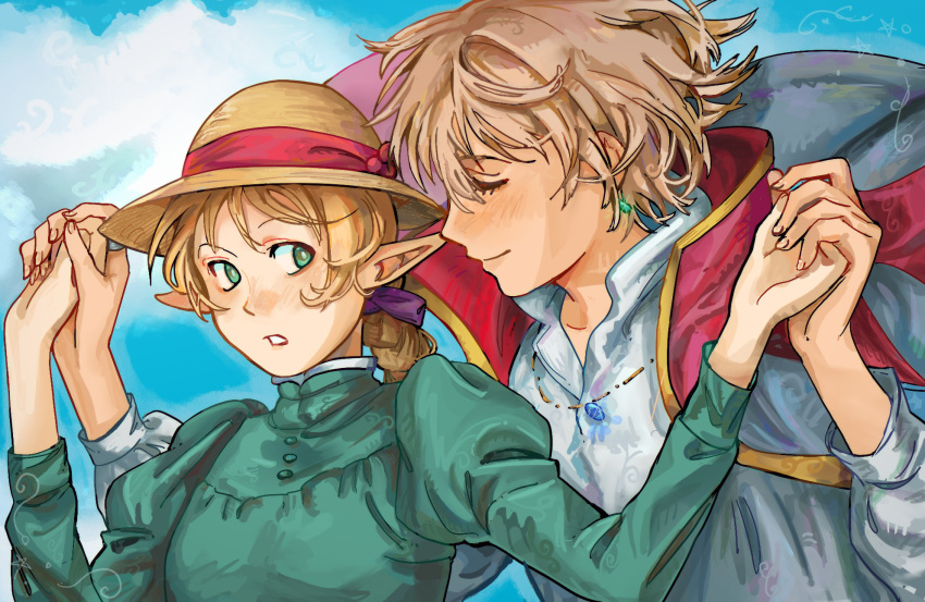 2girls, blonde_hair, braid, closed_eyes, clouds, cloudy_sky, commentary, cosplay