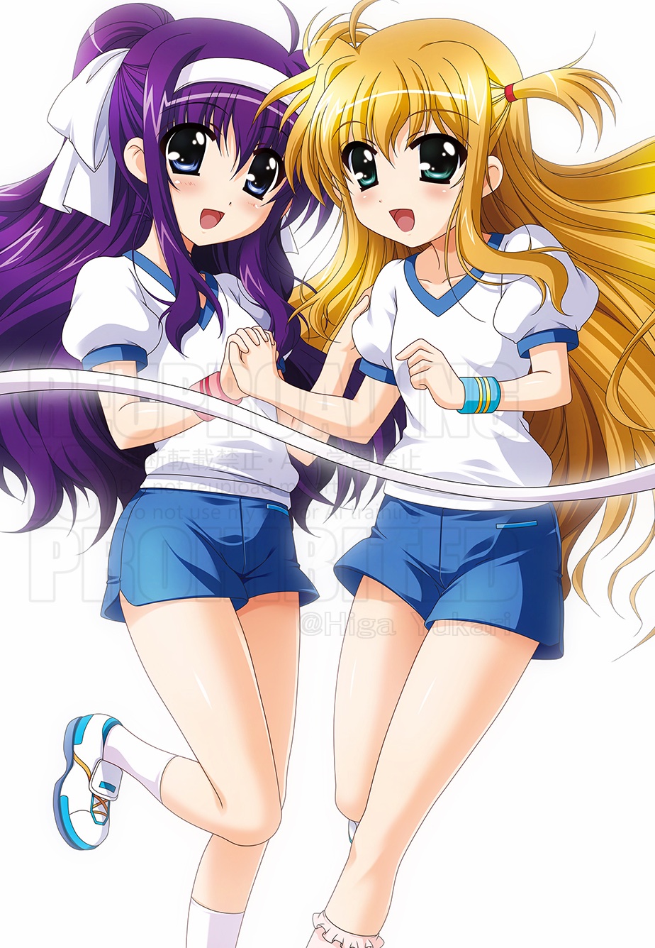 2girls, arisa_bunnings, blonde_hair, blue_eyes, blue_shorts, blush, commentary_request, finish_line