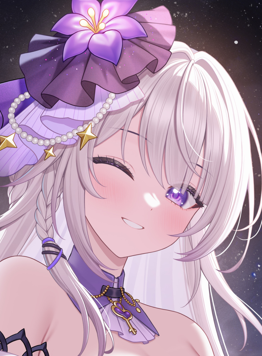 1girl, ;d, armpit_crease, bare_shoulders, black_sky, blush, braid, choker