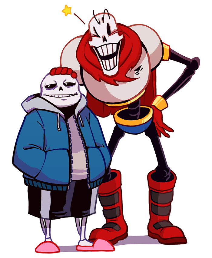 2016, 2boys, 2d, armor, black_shorts, blue_jacket, blue_shorts, boots, brothers, cape, digital_media, drawstring, duo, full_body, gloves, grey_hood, hand_on_another's_head, hand_on_own_hip, height_difference, hood, hood_down, hooded_jacket, humanoid, izumon03, jacket, leaning_forward, male, male_focus, male_only, monster, monster_boy, multiple_boys, one_eye_closed, open_clothes, open_jacket, papyrus_(undertale), pink_slippers, red_boots, red_cape, red_gloves, sans_(undertale), shirt, shorts, siblings, simple_background, skeleton, slippers, standing, star_(symbol), striped_shorts, teeth, undead, undertale, utdr_(toby_fox), vertical-striped_clothes, vertical-striped_shorts, white_armor, white_background, white_shirt, white_stripes, zipper