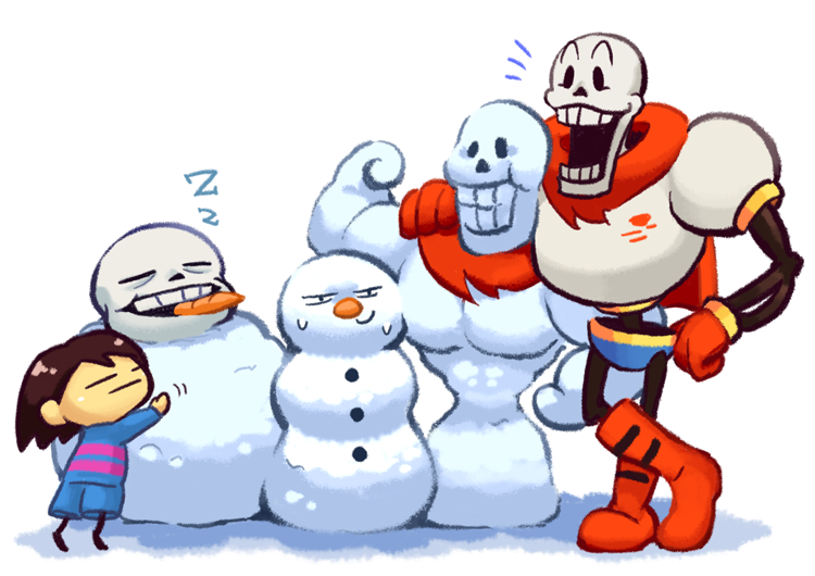 1other, 2016, 2boys, 2d, ambiguous_gender, armor, blue_shirt, blue_shorts, boots, brothers, brown_hair, cape, carrot, child, digital_media, food, frisk_(undertale), fruit, full_body, gloves, hand_on_own_hip, height_difference, horizontal-striped_clothes, horizontal-striped_shirt, human, humanoid, izumon03, male, monster, monster_boy, multiple_boys, notice_lines, papyrus_(undertale), pink_stripes, red_boots, red_cape, red_gloves, sans_(undertale), short_hair, shorts, siblings, simple_background, skeleton, sleeping, snow, snowman, standing, striped_clothes, striped_shirt, sweat, teeth, tiptoes, trio, undead, undertale, utdr_(toby_fox), white_armor, white_background