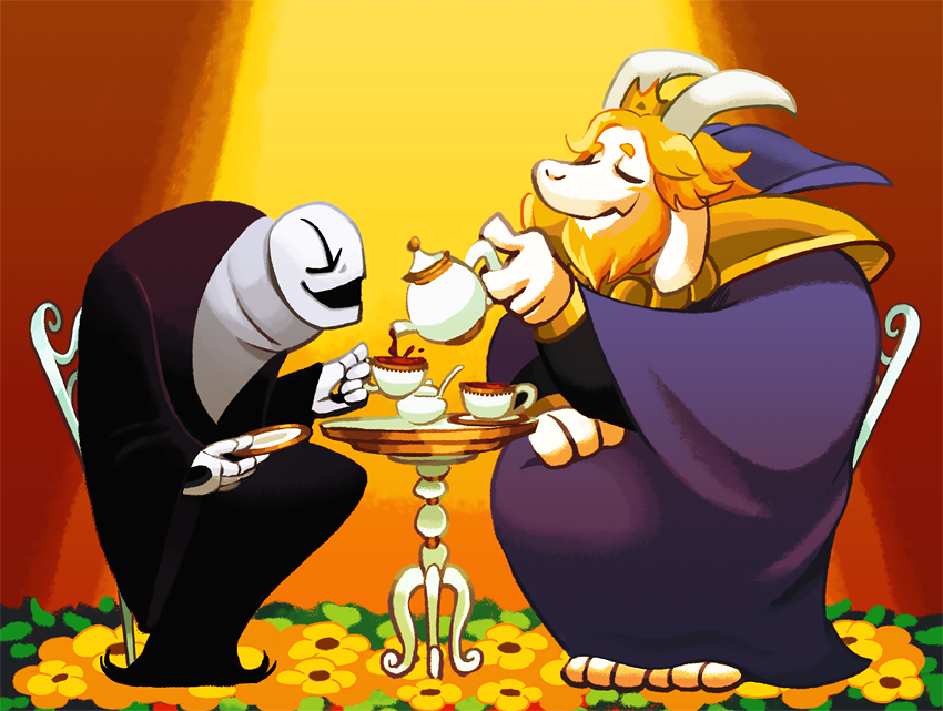 2016, 2boys, 2d, animal_ears, anthro, asgore_dreemurr, barefoot, beard