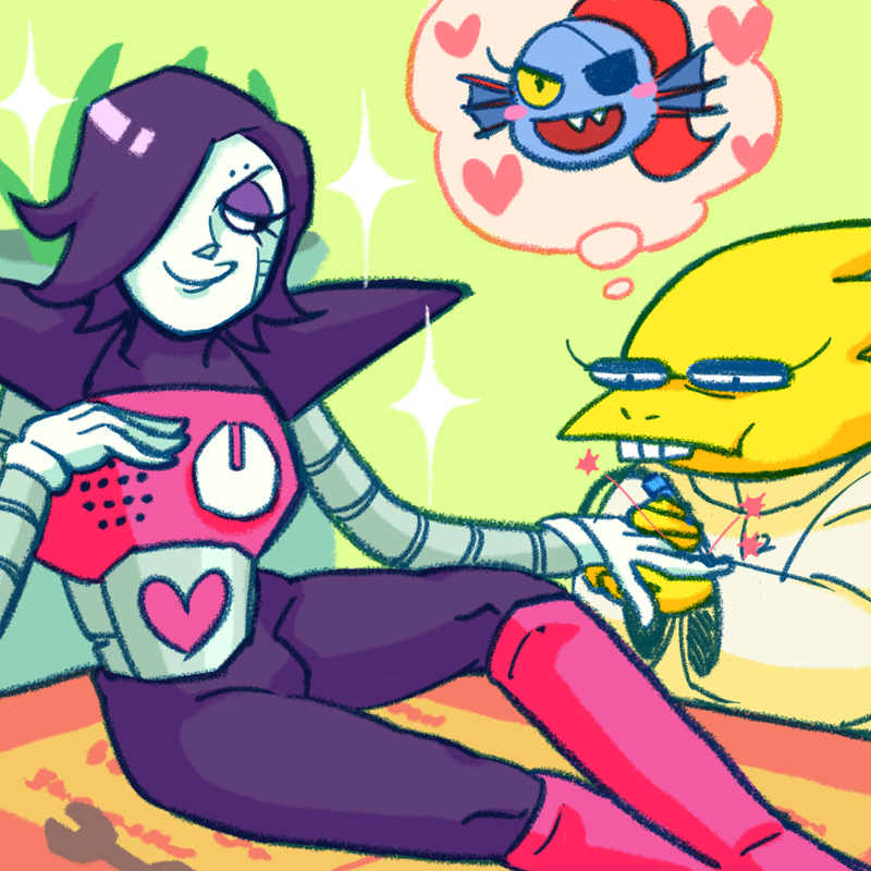 1boy, 1girl, 2016, 2d, alphys, android, anthro, black_eyepatch