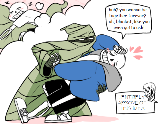 1other, 2018, 2boys, 2d, black_shorts, blanket, blue_jacket, brothers, closed_eyes, comic_sans, creature, digital_media, dreaming, english_text, full_body, grey_hood, heart, holding_hands, hood, hood_down, hooded_jacket, humanoid, jacket, male, monster, monster_boy, multiple_boys, open_clothes, open_jacket, other_with_male, out_of_frame, papyrus_(font), papyrus_(undertale), sans_(undertale), shirt, shorts, siblings, simple_background, skeleton, sleeping, slippers, speech_bubble, striped_shorts, teeth, text, thought_bubble, undead, underfruit, undertale, utdr_(toby_fox), vertical-striped_clothes, vertical-striped_shorts, white_background, white_shirt, white_slippers, white_stripes