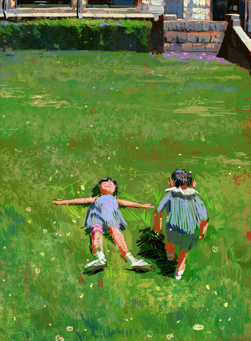 2girls, absurdres, aqua_dress, black_hair, brick_wall, building, child, dress