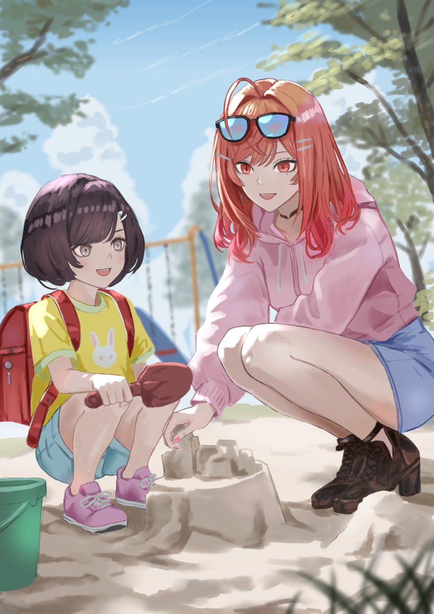 2girls, absurdres, ahoge, black_hair, building_sand_sculpture, character_request, commentary_request, day