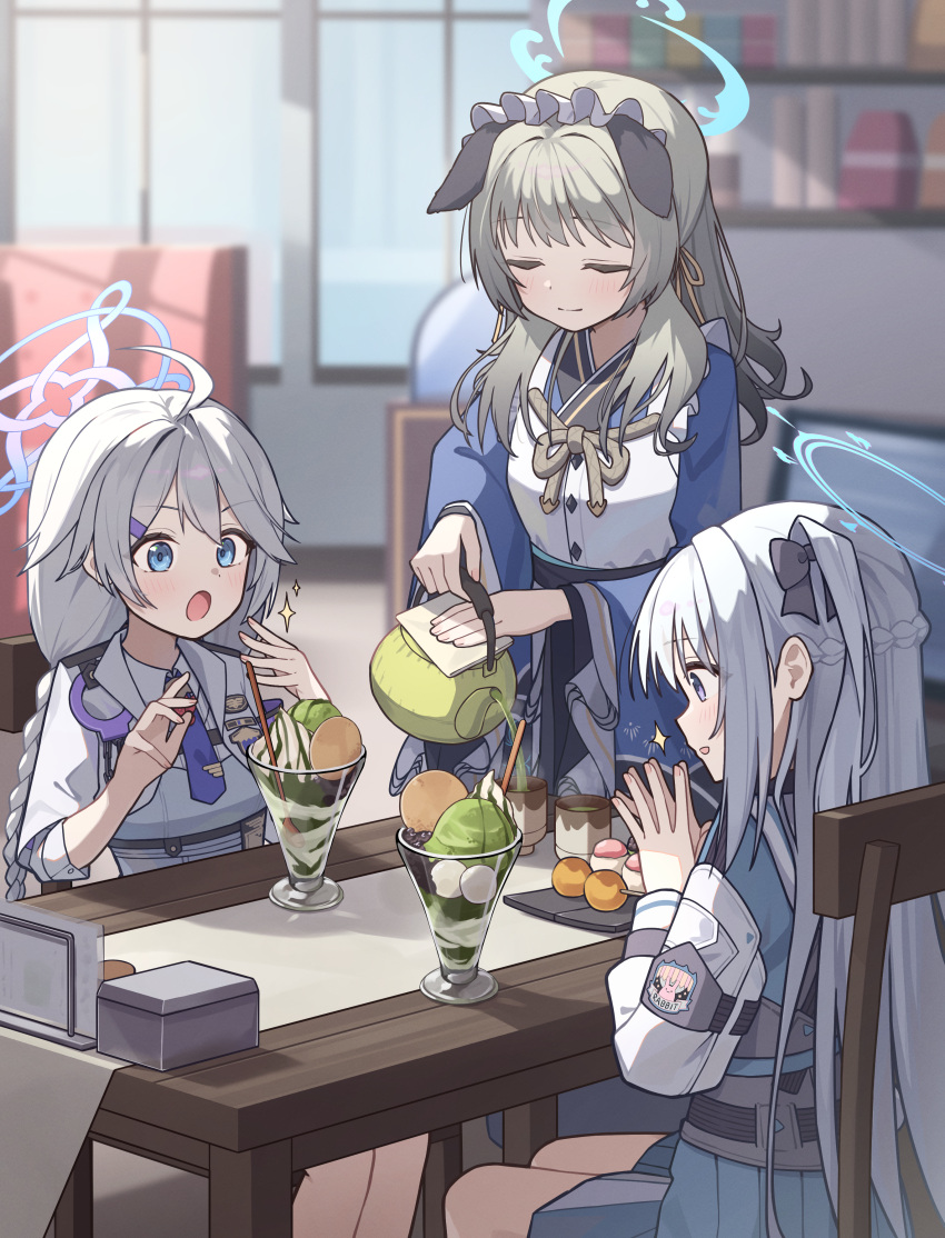 3girls, absurdres, animal_ears, apron, blue_archive, blue_eyes, blue_kimono, blurry