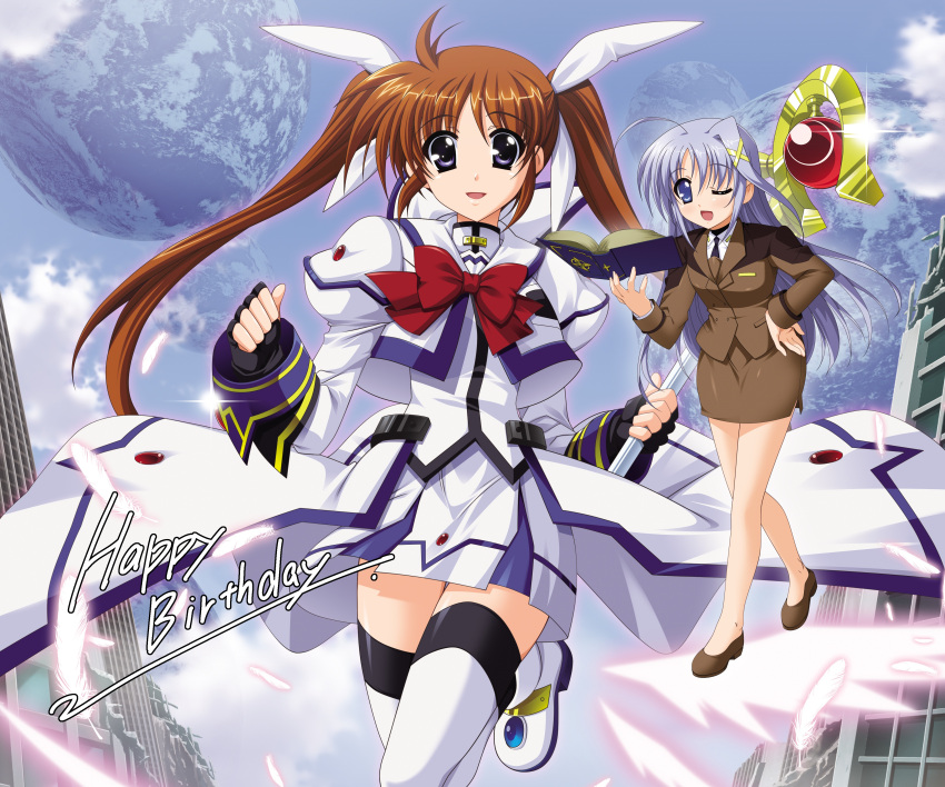 2girls, absurdres, ahoge, ankle_wings, black_bow, black_bowtie, blazer, blue_eyes