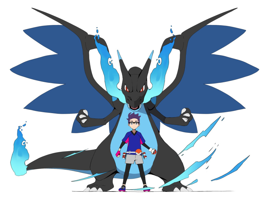1boy, belt, black-framed_eyewear, black_leggings, black_shirt, blue_fire, blue_shoes, charizard