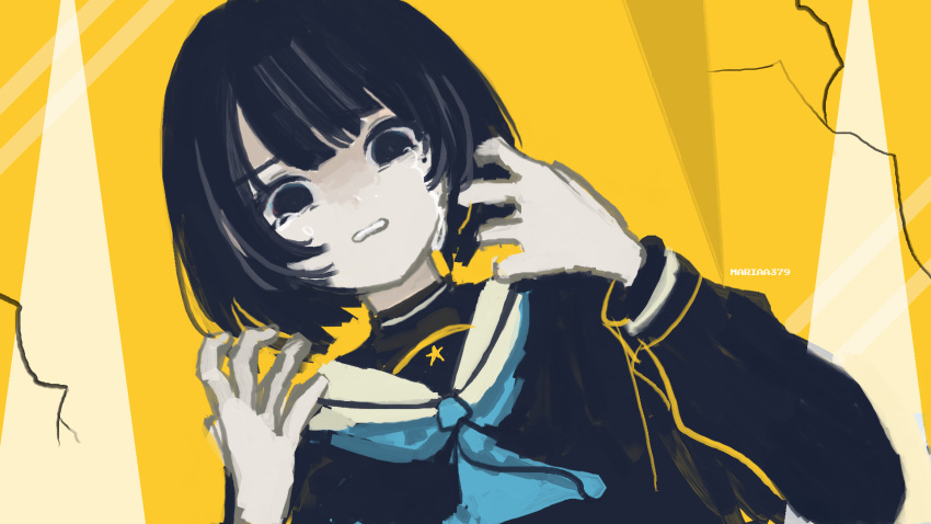 1girl, artist_name, black_eyes, black_hair, black_serafuku, blue_neckerchief, bob_cut, commentary, crying, crying_with_eyes_open, hands_up, highres, kako_ni_torawareteiru_(tuyu), long_sleeves, looking_at_viewer, mariaa379, medium_hair, microsoft_paint_(medium), mole, mole_under_eye, neckerchief, no_pupils, parted_lips, school_uniform, serafuku, sidelocks, solo, spread_fingers, tears, tuyu_(band), upper_body, wavy_mouth, yellow_background