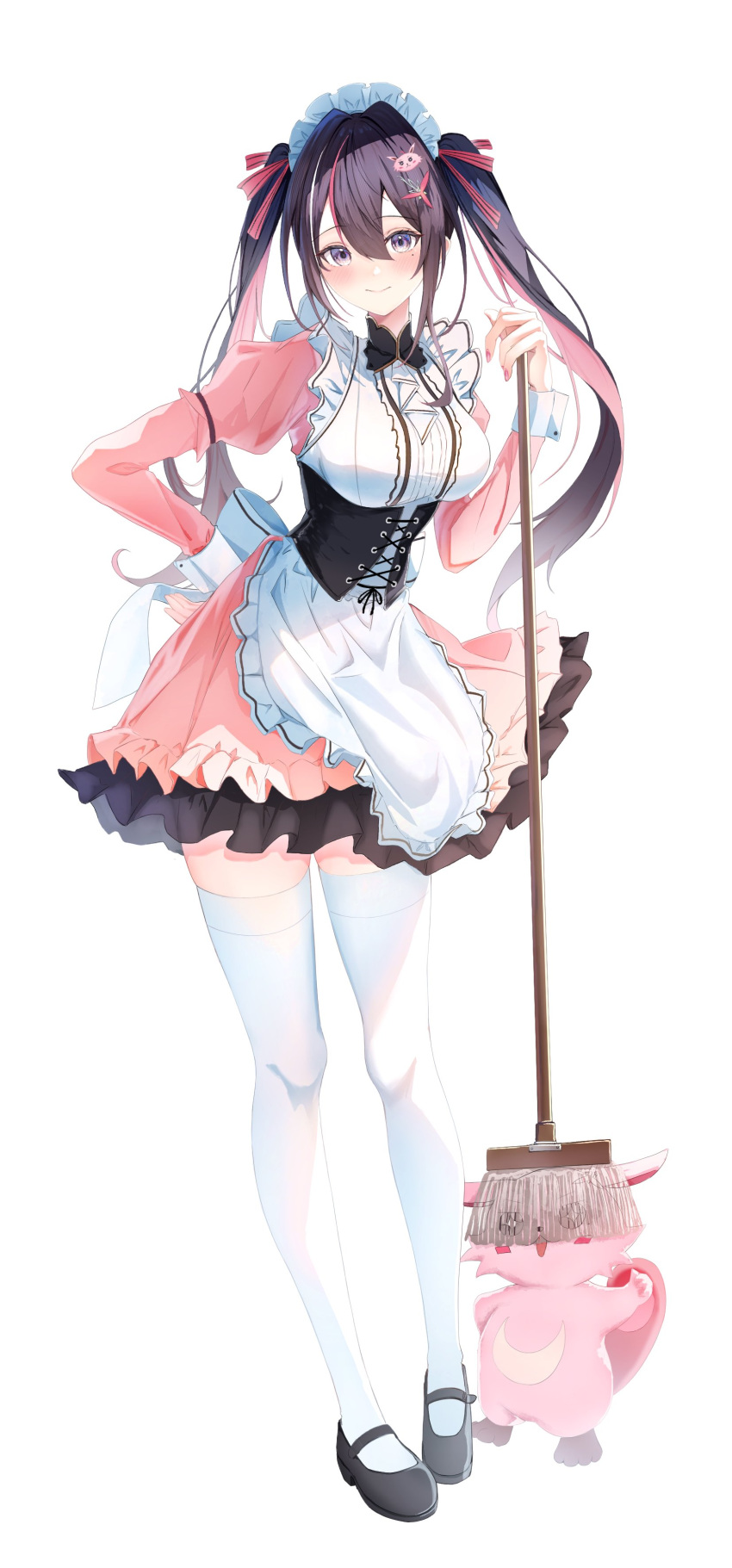 1girl, absurdres, alternate_costume, apron, azki_(hololive), black_corset, black_hair, black_shoes, blush, breasts, broom, closed_mouth, commentary, corset, dress, enmaided, frilled_apron, frills, full_body, hair_between_eyes, hand_on_own_hip, highres, holding, holding_broom, hololive, large_breasts, long_hair, long_sleeves, looking_at_viewer, maid, maid_headdress, mary_janes, multicolored_hair, pink_dress, pink_hair, pioneer_(azki), rin_(rin_illust_0805), shoes, simple_background, smile, solo, standing, thigh-highs, two-tone_hair, violet_eyes, white_apron, white_background, white_thighhighs, zettai_ryouiki