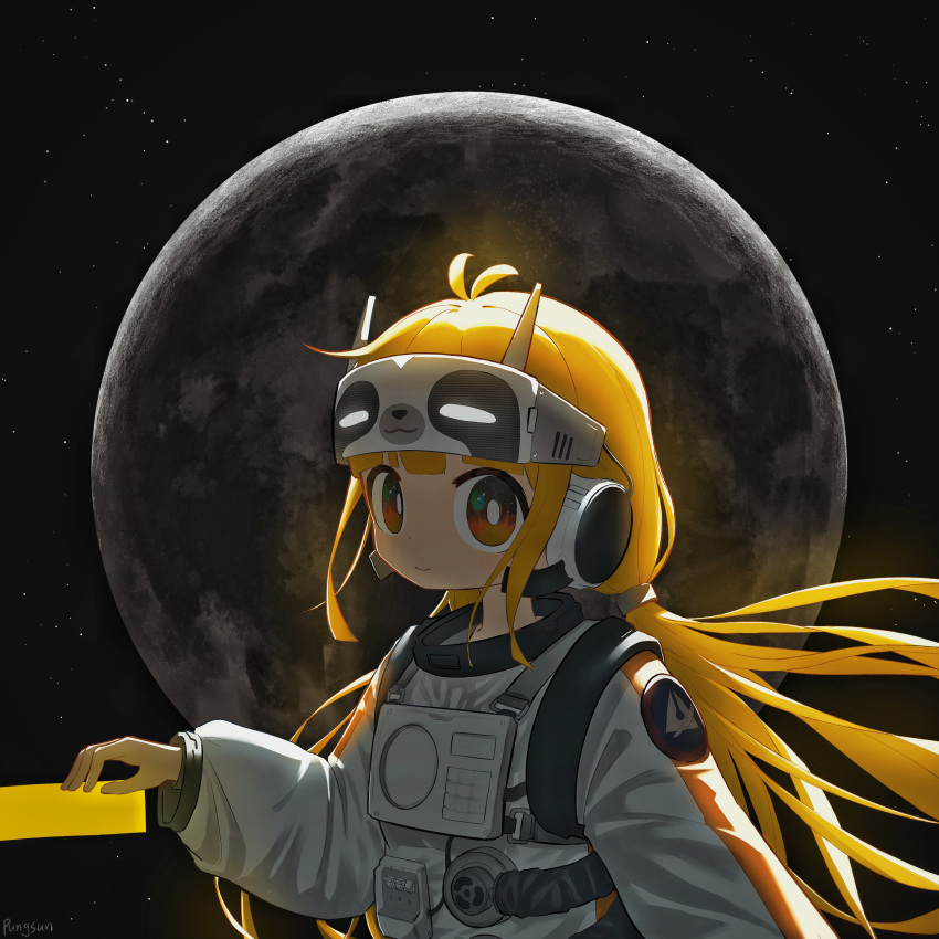 1girl, absurdres, astronaut, blonde_hair, bright_pupils, commentary, english_commentary, head-mounted_display