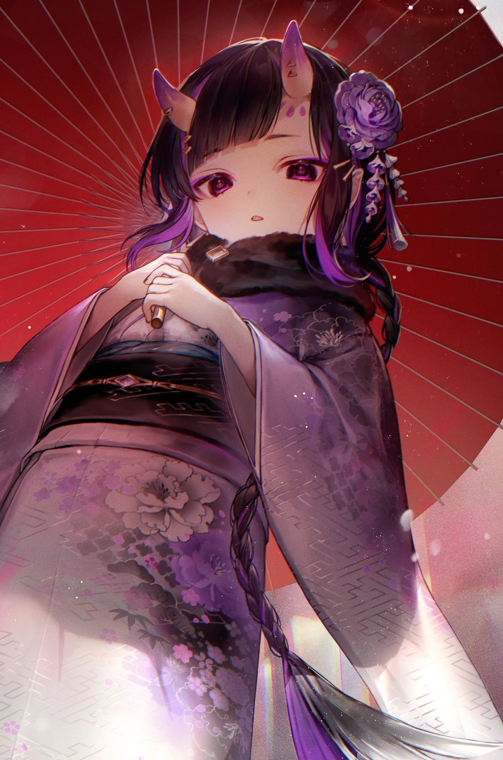 1girl, blush, braid, braided_ponytail, breasts, eshi_100_nin_ten, floral_print, floral_print_kimono