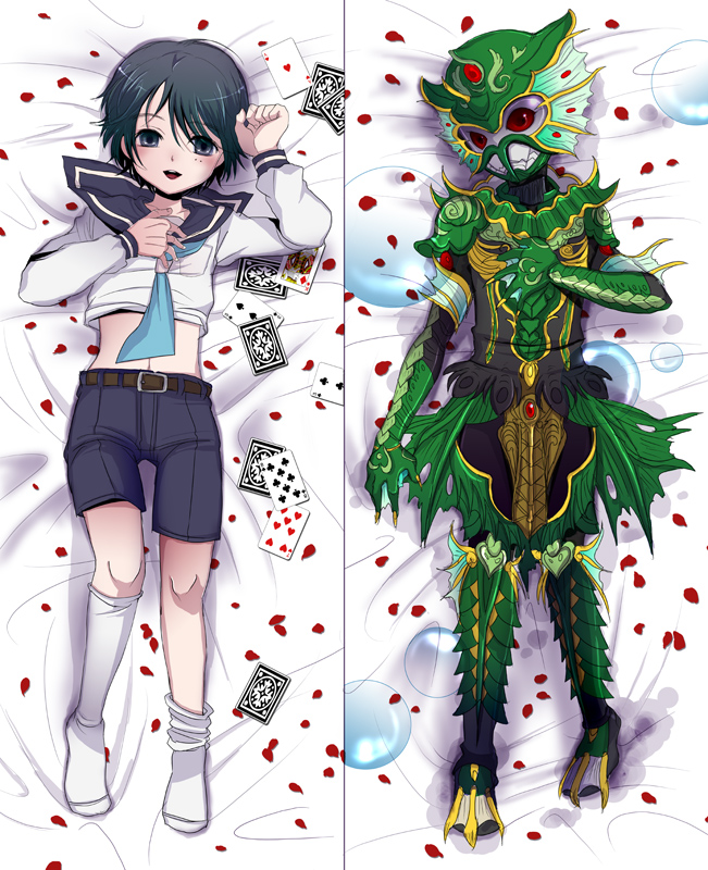 basshaa, card, cards, dakimakura, dual_persona, kamen_rider, kamen_rider_kiva_(series), lying, male, petals, ramon, red_eyes, yk