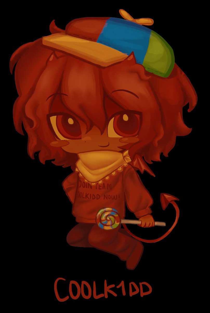 1boy, bandana, bandana_around_neck, black_background, blush_stickers, c00lkidd_(roblox), candy, chibi, chibi_only, child, dark_skin, demon_horns, demon_tail, demon_wings, english_text, food, forsaken_(roblox), fuziyams, hat, highres, holding, holding_candy, holding_food, holding_lollipop, horns, humanization, lollipop, medium_hair, mini_wings, propeller_hat, red_eyes, red_hair, red_sweater, roblox, simple_background, small_horns, smile, sweater, tail, white_bandana, wings