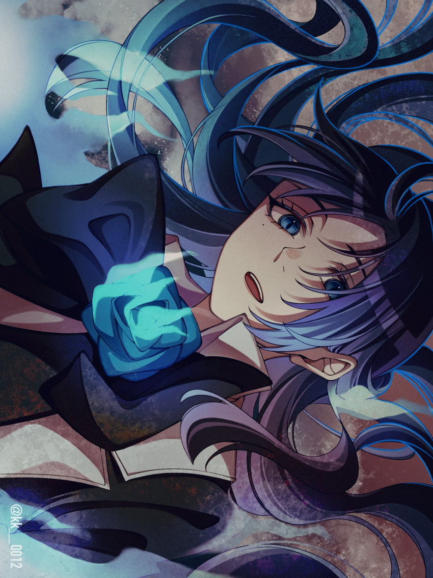 1girl, ado_(utaite), black_bow, black_bowtie, black_hair, blue_eyes, blue_flower, blue_rose, bow, bowtie, chando_(ado), commentary_request, floating_hair, flower, highres, keeko_(kk_0012), long_hair, looking_at_viewer, mole, mole_under_eye, open_mouth, rose, solo, teeth, upper_teeth_only, utaite