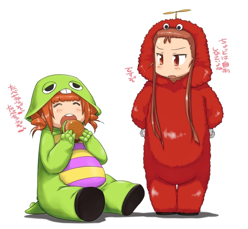 animal_costume, antenna_hair, blush, brown_eyes, brown_hair, closed_eyes, cosplay, eating, eyes_closed, food, gachapin, gachapin_(cosplay), hamburger, hands_on_hips, hirake!_ponkikki, idolmaster, long_hair, minase_iori, mukku, mukku_(cosplay), multiple_girls, open_mouth, simple_background, sitting, standing, takatsuki_yayoi, translation_request, ttomm, twintails