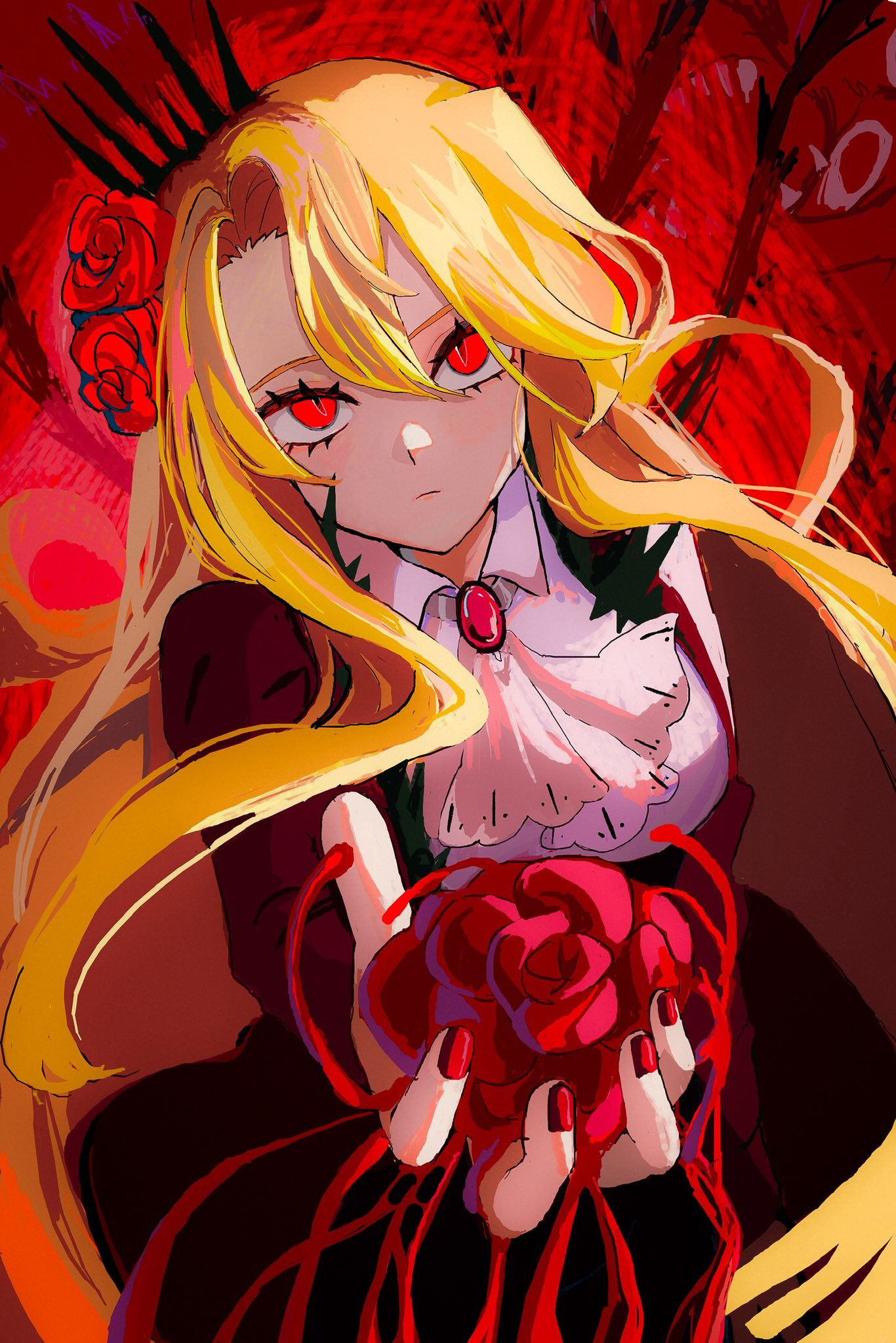 1girl, ascot, black_skirt, blonde_hair, blood, breasts, closed_mouth, collared_shirt