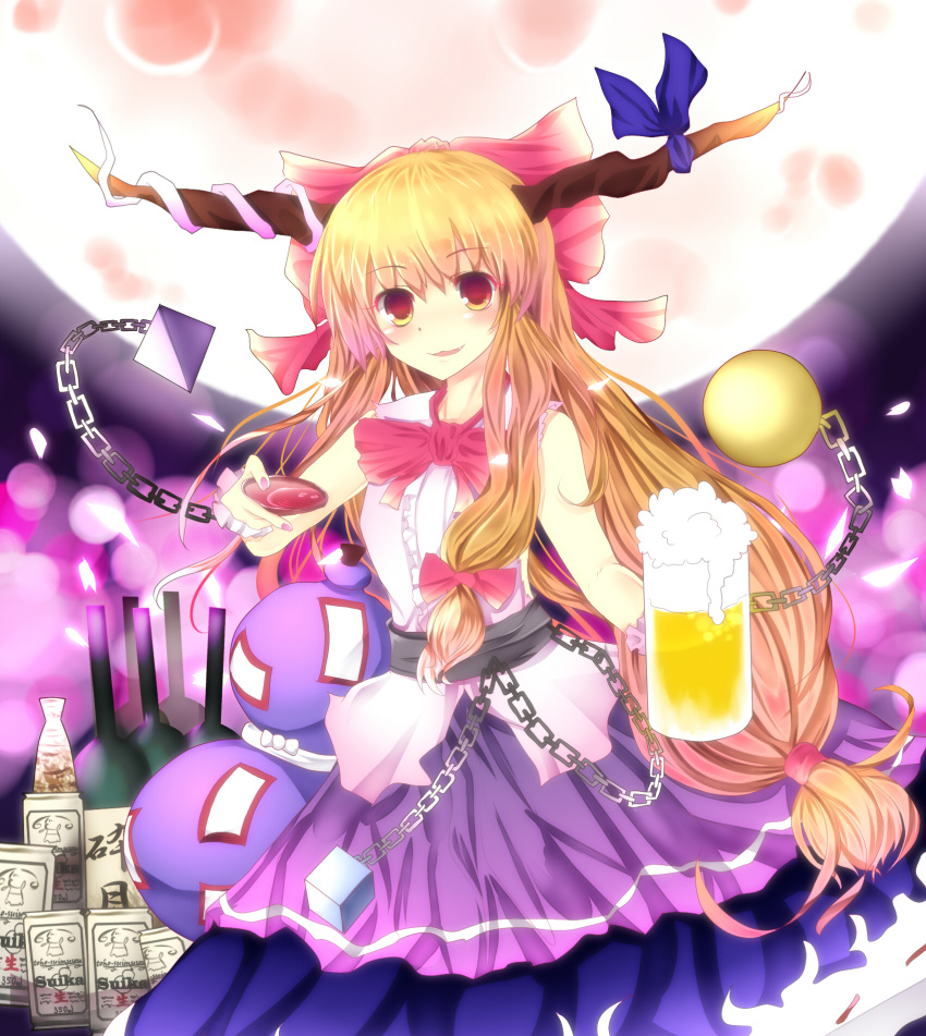 beer, beer_mug, blonde_hair, blush, bow, chain, chains, cube