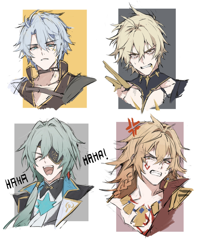 4boys, absurdres, anaxa_(honkai:_star_rail), ancient_greek_clothes, anger_vein, angry, antenna_hair, armor