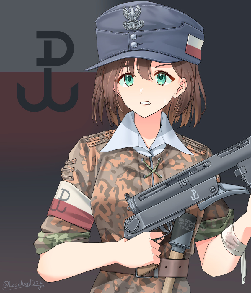 1girl, absurdres, ammunition_pouch, aqua_eyes, armband, artist_name, bandaged_arm, bandages
