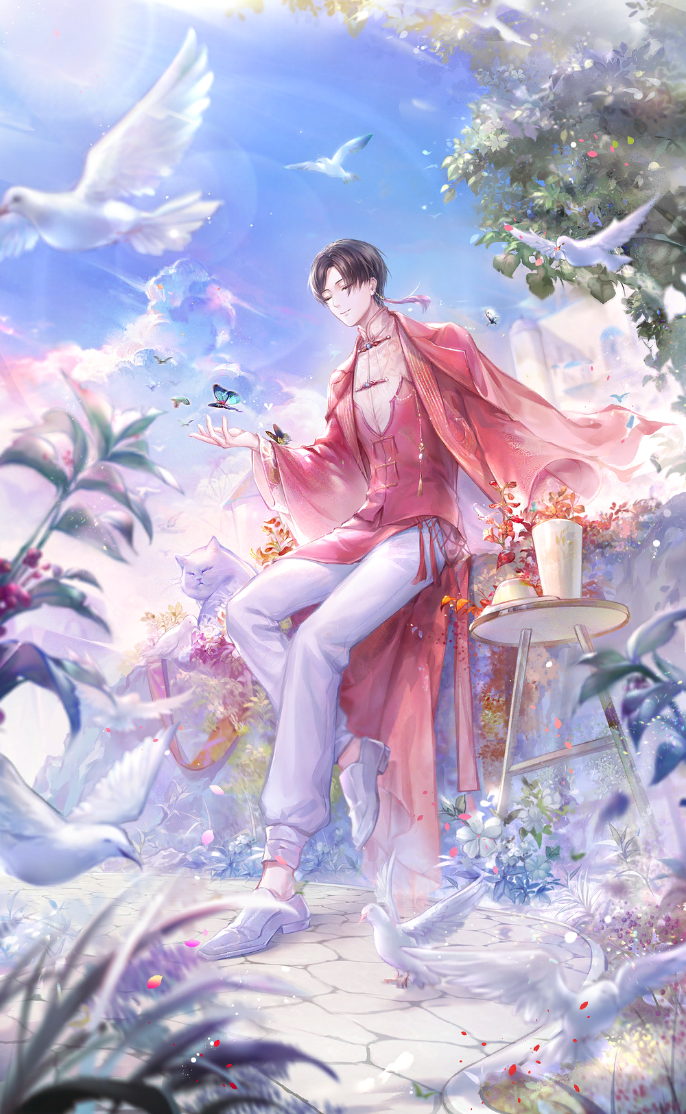 1boy, artist_request, bird, black_hair, blue_sky, bug, butterfly, castle