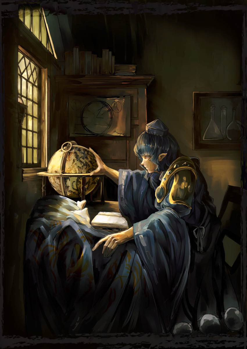 1girl, beaker, black_coat, blue_dress, blue_gemstone, blue_hair, book, cabinet, chair, coat, desk, dim_lighting, dress, fine_art_parody, frilled_dress, frills, from_side, gem, globe, hat, highres, iizunamaru_megumu, indoors, long_sleeves, painting_(object), paper, parody, pointy_ears, profile, reaching, red_eyes, shoulder_guard, sitting, sleeveless, sleeveless_coat, test_tube, the_astronomer, tokin_hat, touhou, umaieokakitai, window
