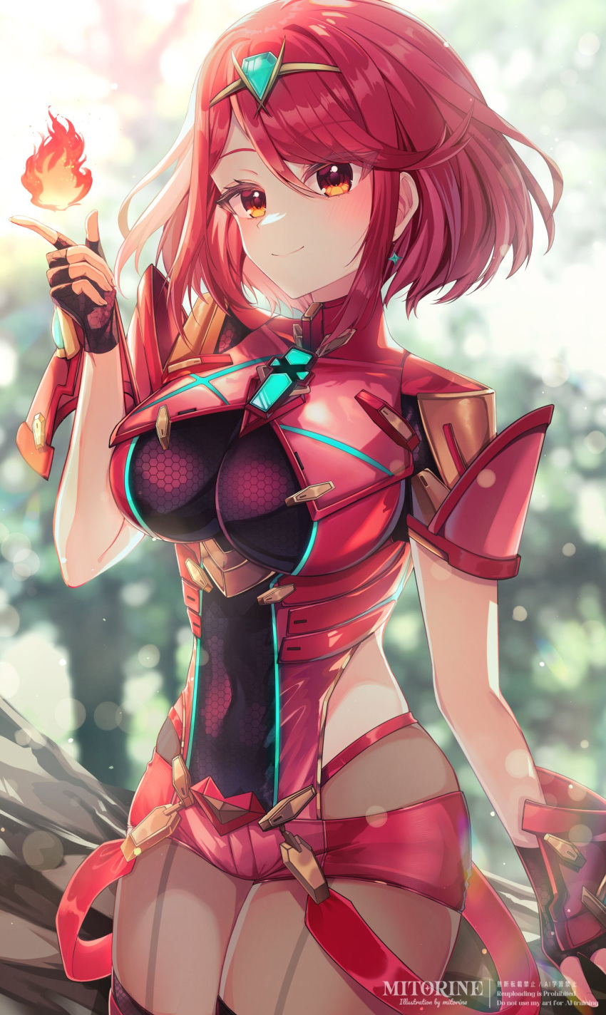 1girl, absurdres, armor, backless_outfit, black_gloves, bob_cut, breasts, chest_jewel, core_crystal_(xenoblade), earrings, fingerless_gloves, floating_earrings, gloves, highres, impossible_clothes, jewelry, large_breasts, mitorine0310, pantyhose, pantyhose_under_shorts, pyra_(xenoblade), red_eyes, red_hair, red_shorts, short_hair, short_sleeves, shorts, shoulder_armor, smile, solo, super_smash_bros., suspenders, swept_bangs, thigh-highs, thighhighs_over_pantyhose, tiara, xenoblade_chronicles_(series), xenoblade_chronicles_2