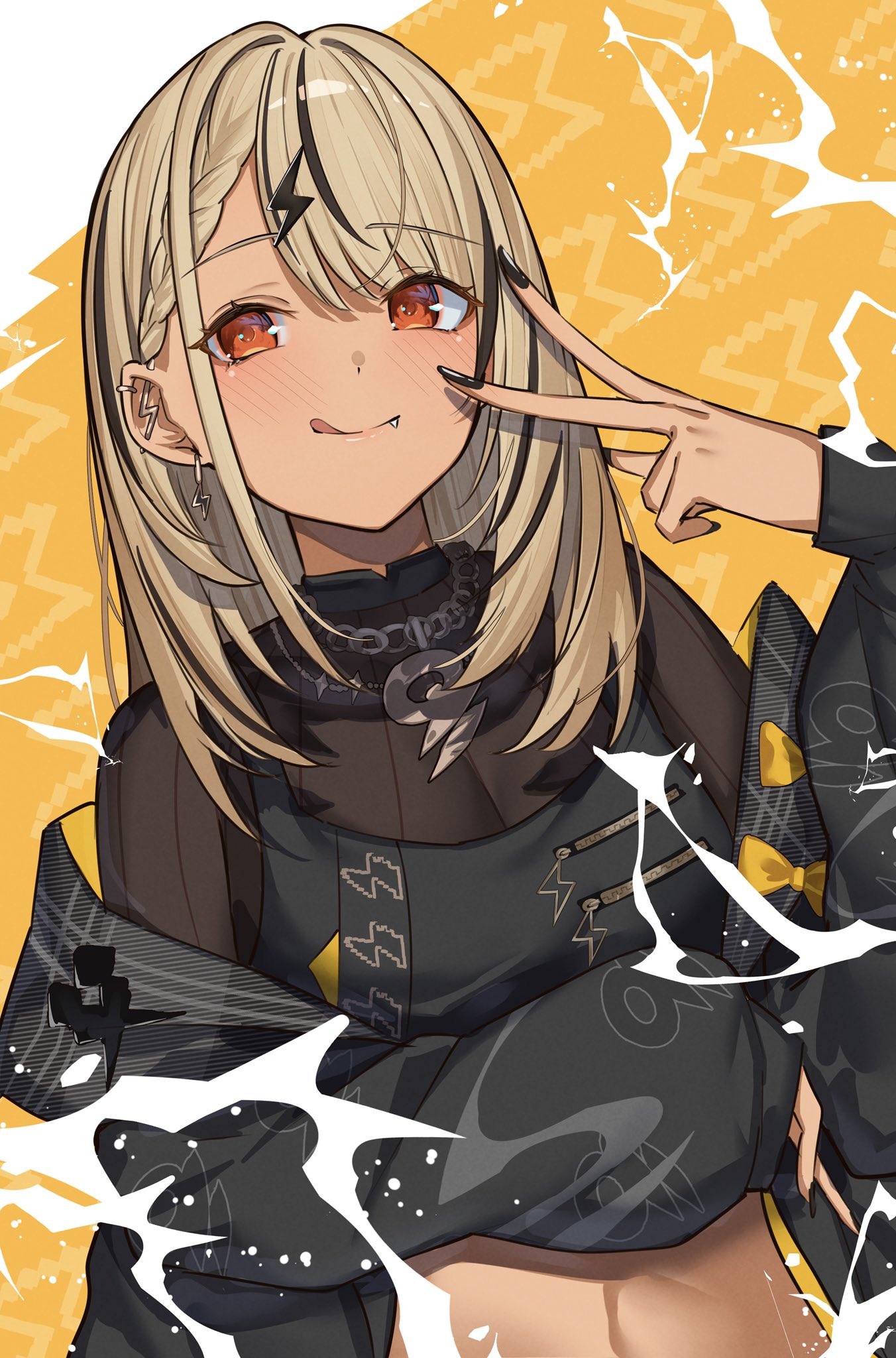 :p, black_hair, black_jacket, black_nails, black_shirt, blonde_hair, blush, bow