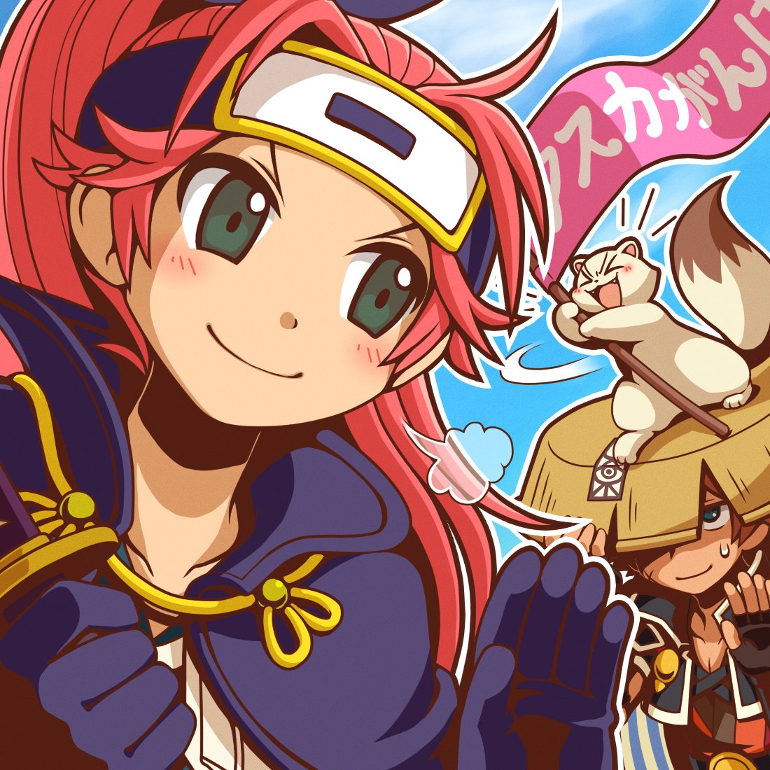 1boy, 1girl, asuka_(fuurai_no_shiren), blue_capelet, blue_gloves, blue_sky, blush, brown_hair