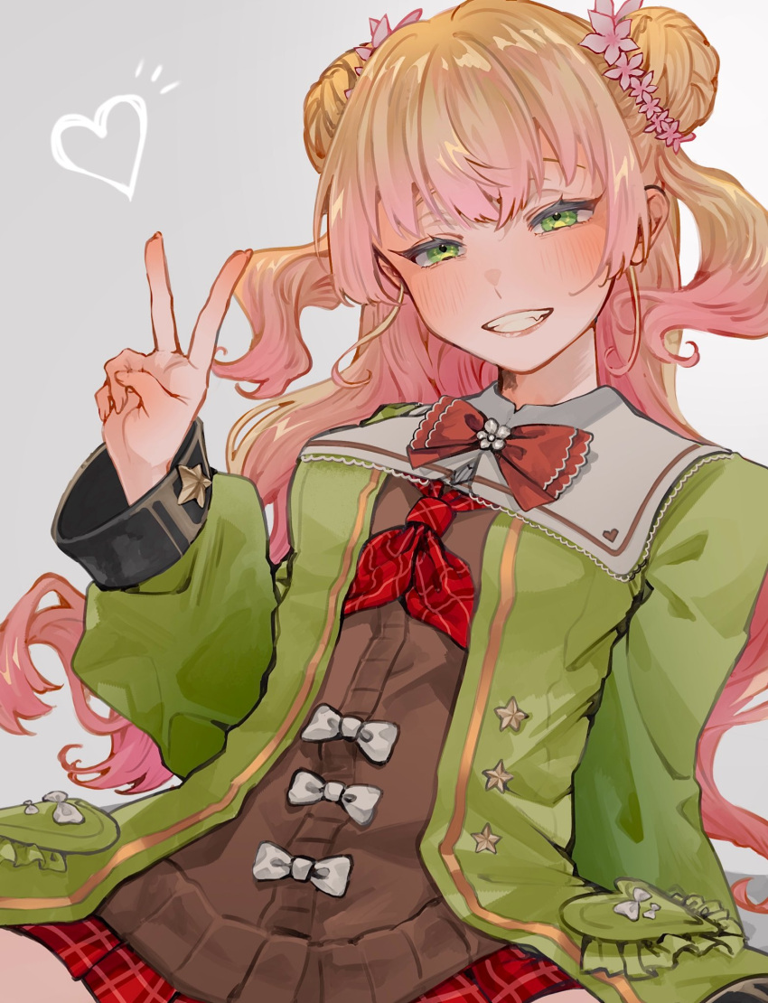 1girl, blonde_hair, blush, brown_cardigan, cardigan, commentary, crossed_bangs, double_bun