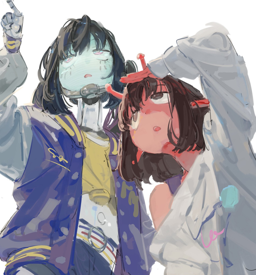 2girls, alien, android, antennae, brown_hair, chiharu_(milky_highway), colored_skin, crop_top