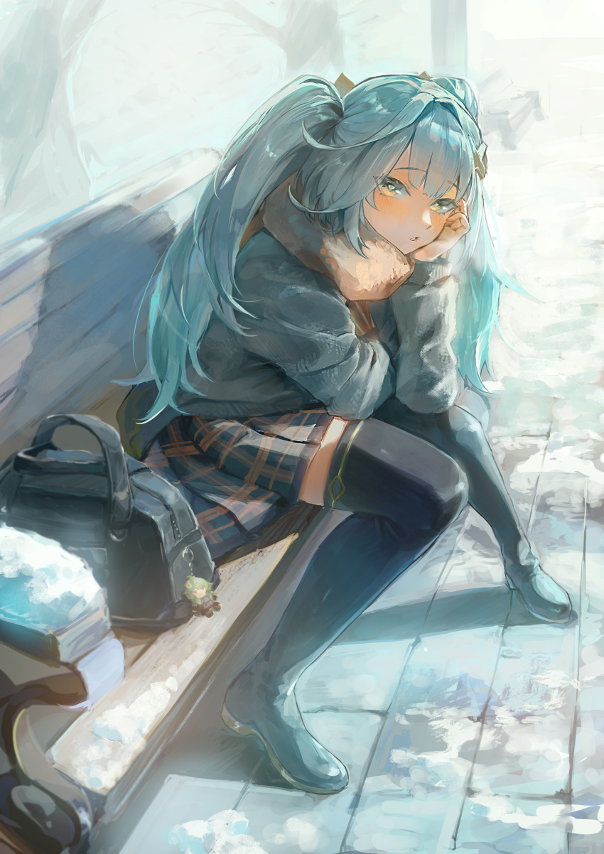 1girl, absurdres, alternate_costume, bag, bag_charm, bare_tree, bench, black_bag