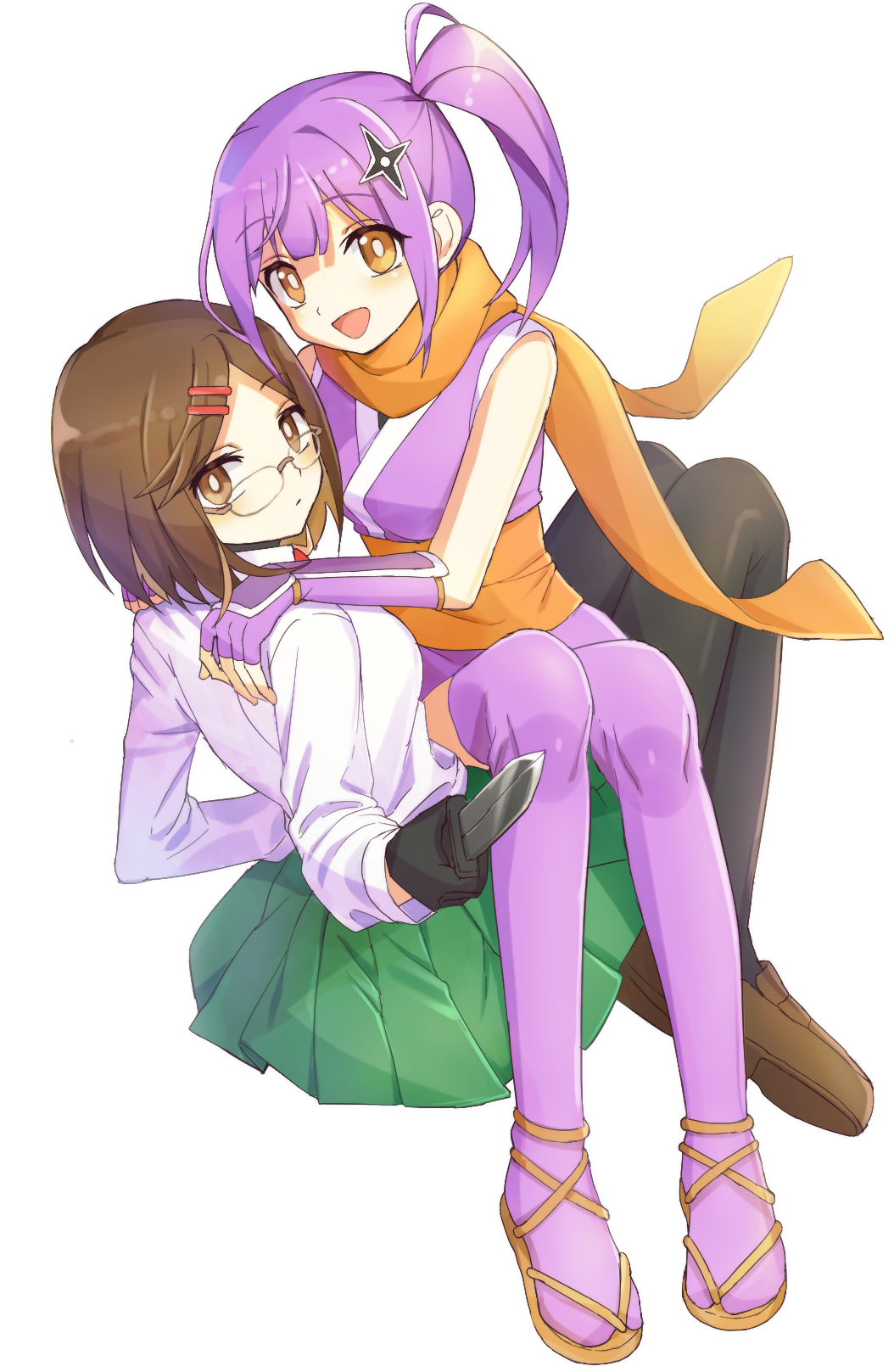 2girls, black_pantyhose, blush, brown_eyes, brown_hair, closed_mouth, glasses, hair_ornament