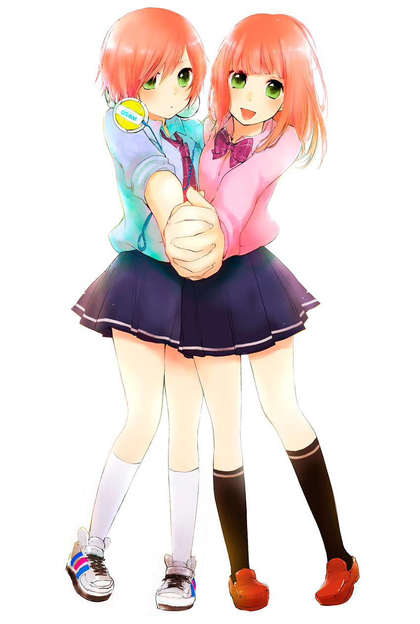 couple, dancing, foreshortening, green_eyes, headphones, highres, multiple_girls, orange_hair