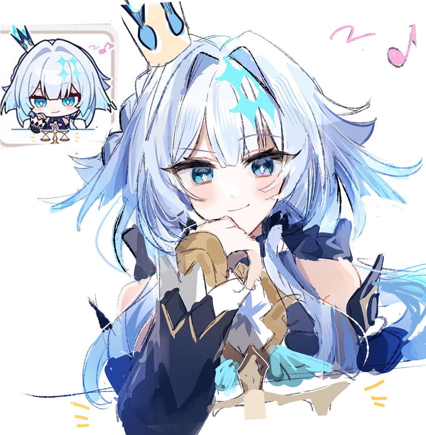 1girl, bare_shoulders, blue_dress, blue_eyes, blue_hair, blue_sleeves, braid, cerydra_(honkai:_star_rail)