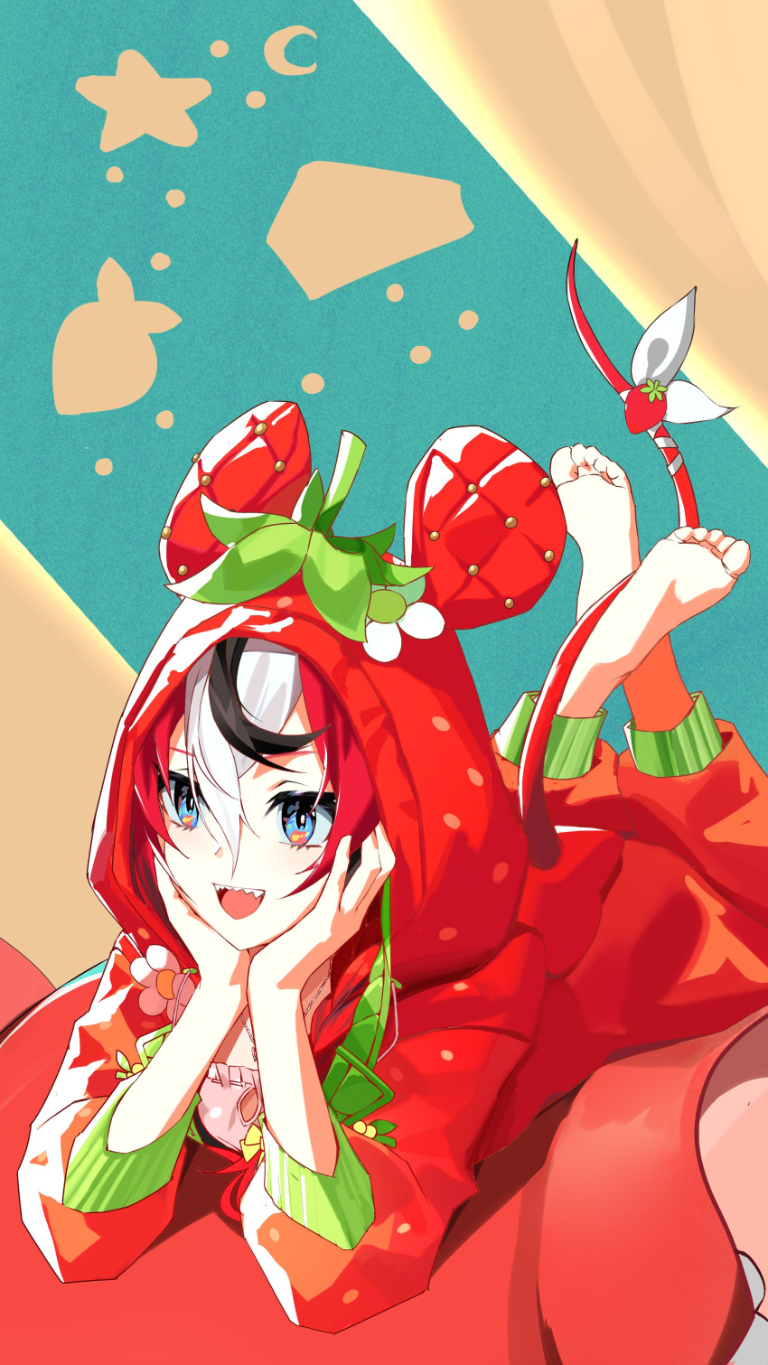 1girl, :d, absurdres, animal_ear_hood, barefoot, black_hair, blue_eyes, bow