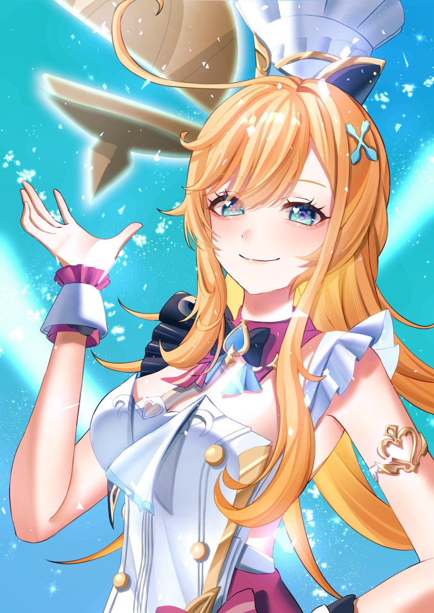 1girl, absurdres, ahoge, apron, arm_at_side, arm_up, armpit_crease, blonde_hair