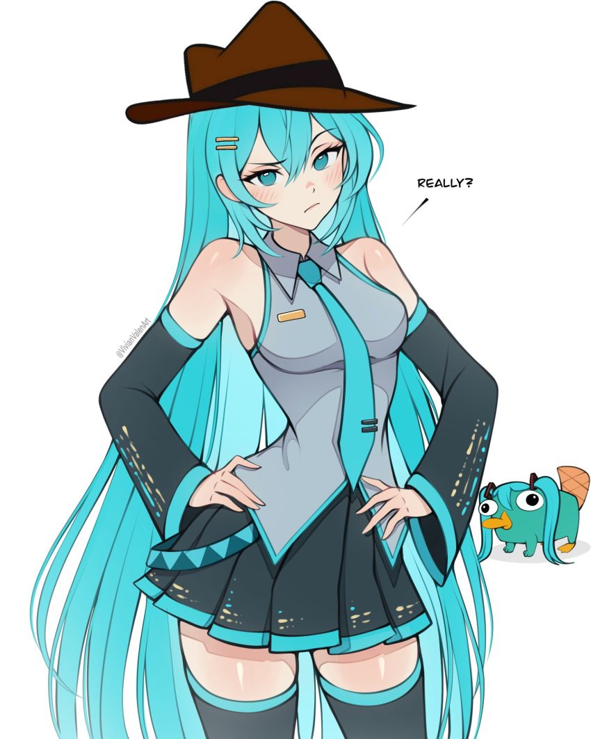 1girl, alternate_hairstyle, animal, aqua_eyes, aqua_hair, aqua_necktie, black_skirt, black_thighhighs