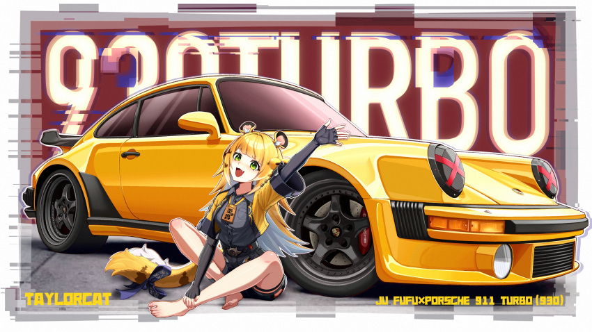 1girl, :3, absurdres, animal_ear_fluff, animal_ears, arm_up, artist_name, bare_shoulders, barefoot, black_gloves, black_shorts, blonde_hair, border, bow, buttons, car, character_name, colored_inner_hair, cropped_jacket, elbow_gloves, fang, feet, fingerless_gloves, gloves, green_eyes, grey_shirt, hand_on_own_ankle, highres, jacket, ju_fufu, long_hair, looking_at_viewer, motor_vehicle, multicolored_hair, on_ground, open_mouth, porsche, porsche_911, porsche_930, procreate_(medium), shirt, shirt_tucked_in, shorts, sitting, smile, solo, spoiler_(automobile), sports_car, tail, tail_bow, tail_ornament, taylorcat, thighs, tiger_ears, tiger_girl, tiger_tail, toes, vehicle_name, very_long_hair, white_border, yellow_car, yellow_jacket, zenless_zone_zero