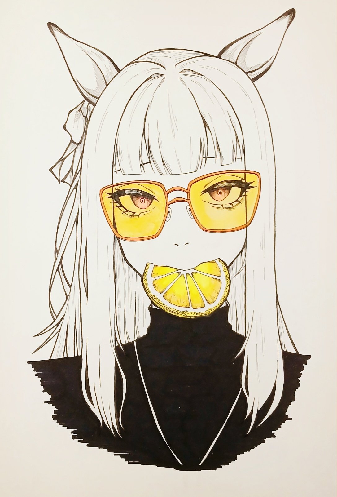 1girl, animal_ears, blunt_bangs, character_request, eyelashes, food, food_in_mouth, fruit, glasses, hair_ribbon, highres, horse_ears, horse_girl, lemon, lemon_slice, limited_palette, long_hair, looking_at_viewer, monochrome, qwet135790, ribbon, sidelocks, solo, spot_color, turtleneck, umamusume, upper_body